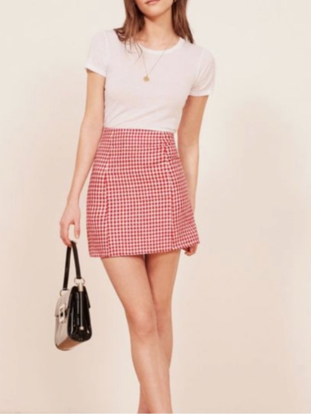 Reformation Red & White Gingham Linen Mini Skirt